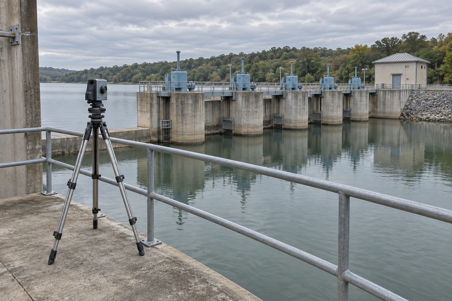 An optical inspection instrument on a terrace faces repeated outlet gates across a reservoir, with a pump house as a distinct landmark.